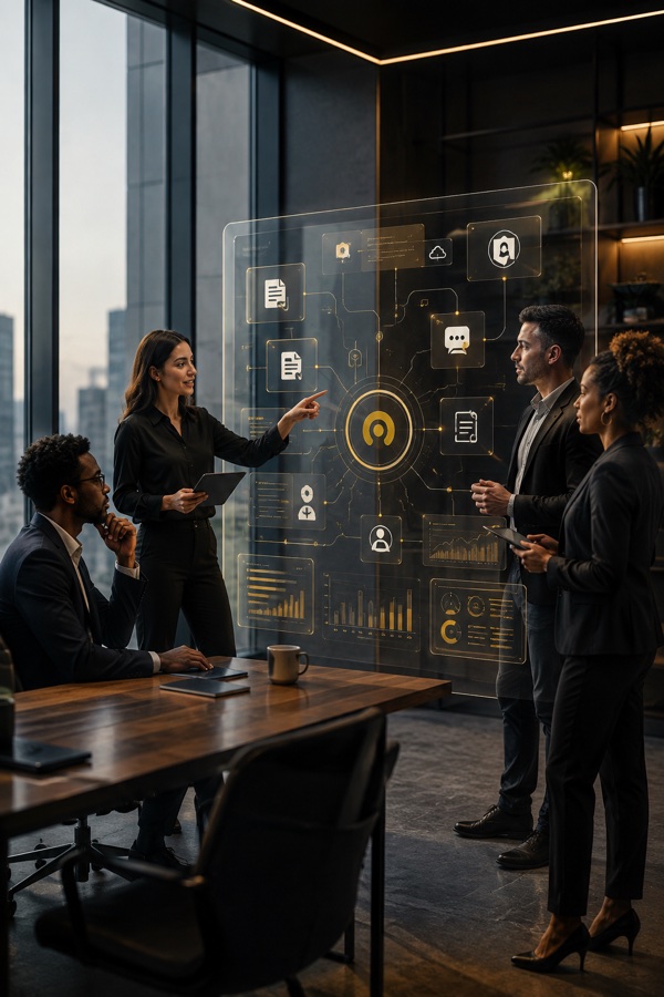 A consulting team reviewing an automated operations board