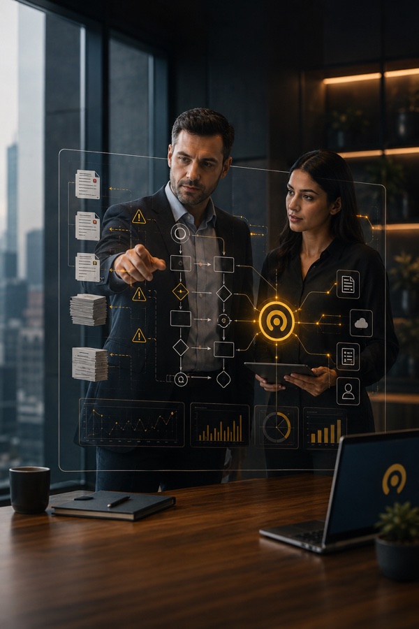 Two consultants mapping a workflow on a holographic diagram