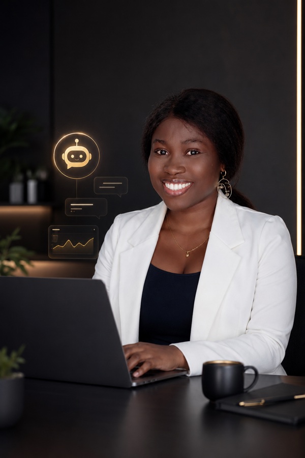 A consultant working with an AI assistant on a laptop